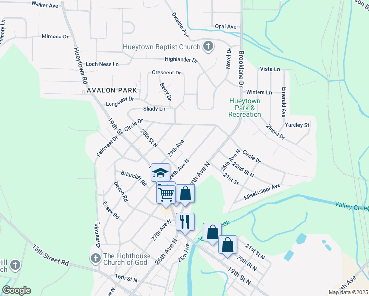 map of restaurants, bars, coffee shops, grocery stores, and more near 2021 29th Avenue in Bessemer