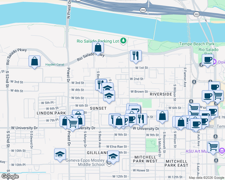 map of restaurants, bars, coffee shops, grocery stores, and more near 410 South Westfall Avenue in Tempe
