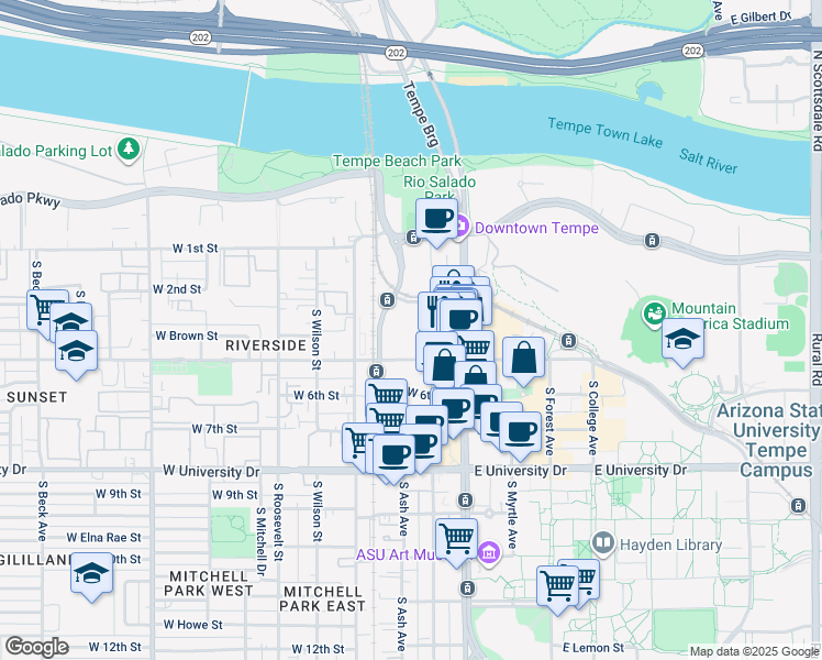 map of restaurants, bars, coffee shops, grocery stores, and more near 154 West 5th Street in Tempe