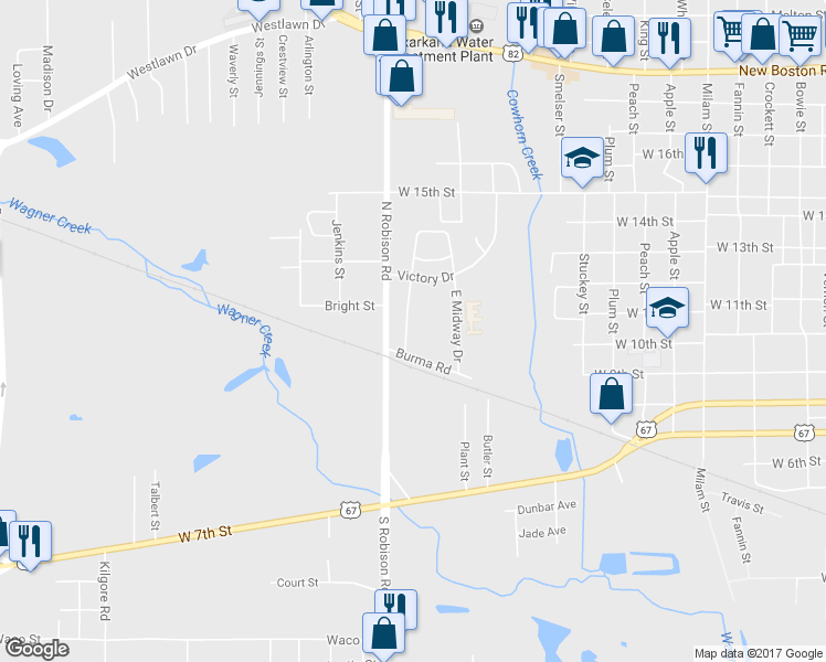 map of restaurants, bars, coffee shops, grocery stores, and more near 547 West Midway Drive in Texarkana