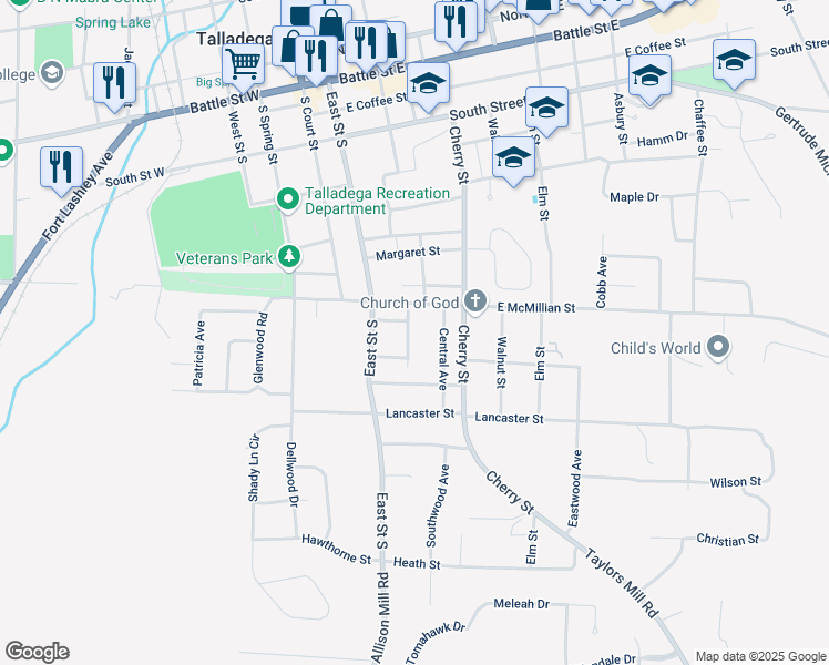 map of restaurants, bars, coffee shops, grocery stores, and more near 710 Cherokee Drive in Talladega