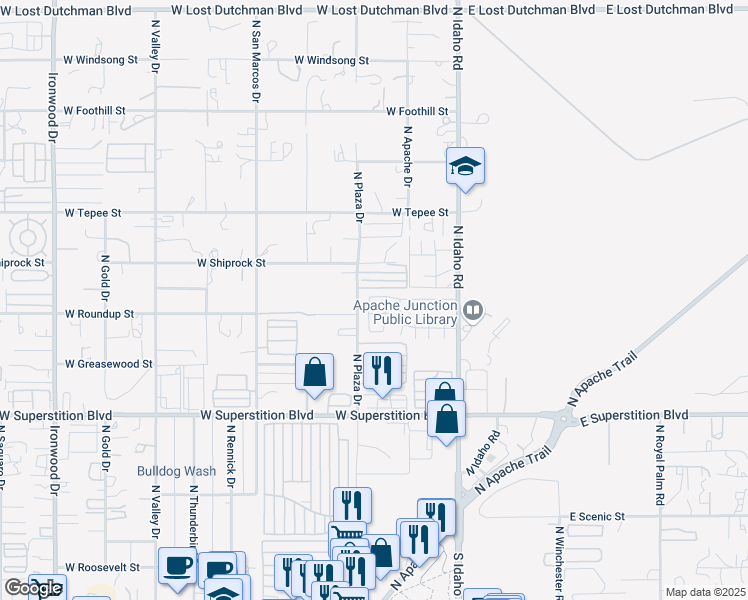 map of restaurants, bars, coffee shops, grocery stores, and more near 1223 North Agave Road in Apache Junction