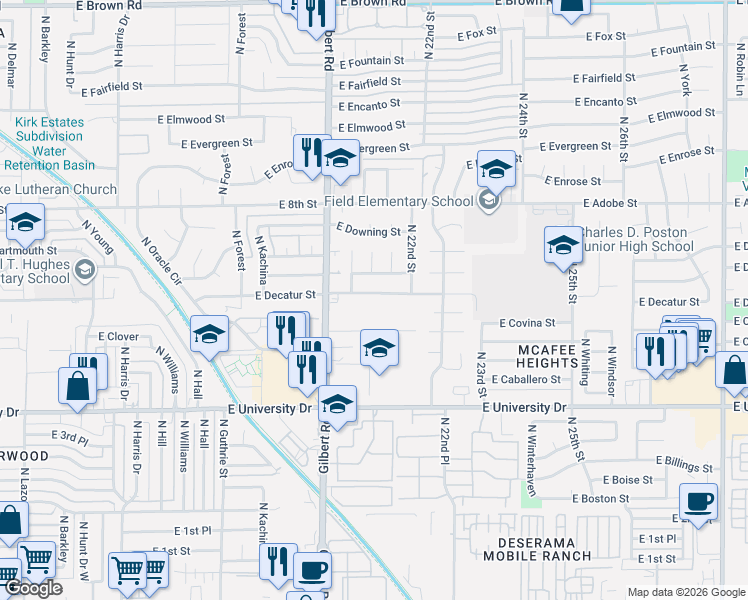 map of restaurants, bars, coffee shops, grocery stores, and more near 2062 East Covina Street in Mesa