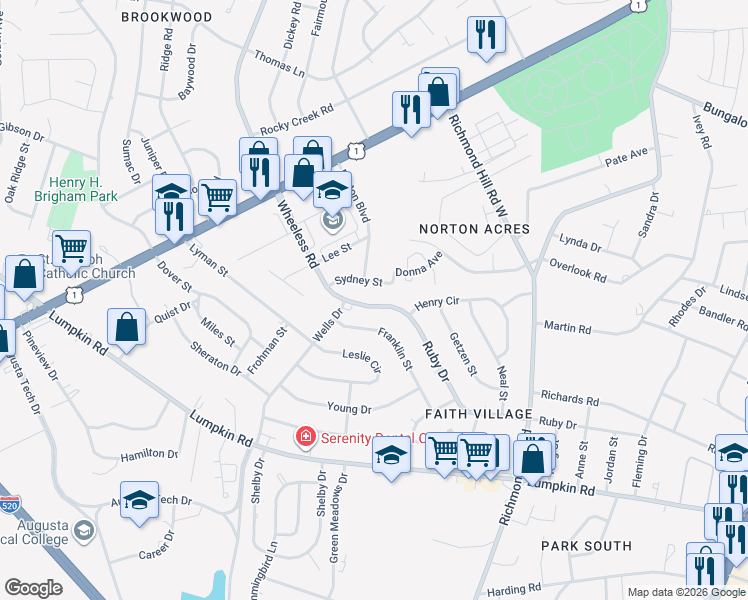 map of restaurants, bars, coffee shops, grocery stores, and more near 2408 Ruby Drive in Augusta