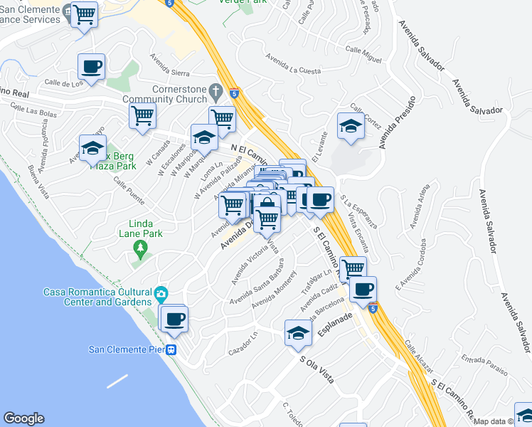 map of restaurants, bars, coffee shops, grocery stores, and more near 141 Avenida Del Mar in San Clemente