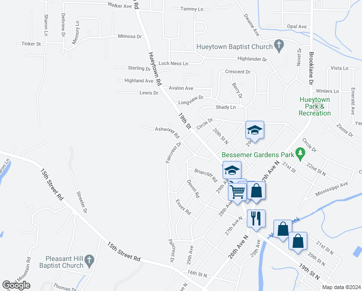 map of restaurants, bars, coffee shops, grocery stores, and more near 3130 Ashwood Road in Hueytown