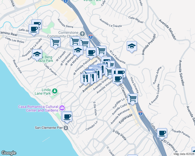 map of restaurants, bars, coffee shops, grocery stores, and more near 152 Avenida Del Mar in San Clemente