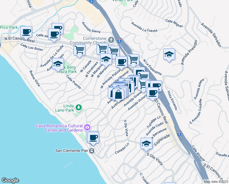 map of restaurants, bars, coffee shops, grocery stores, and more near 211 Avenida Serra in San Clemente