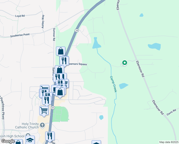 map of restaurants, bars, coffee shops, grocery stores, and more near 206 Regester Way in Peachtree City
