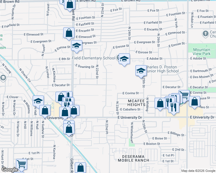 map of restaurants, bars, coffee shops, grocery stores, and more near 549 North 22nd Place in Mesa