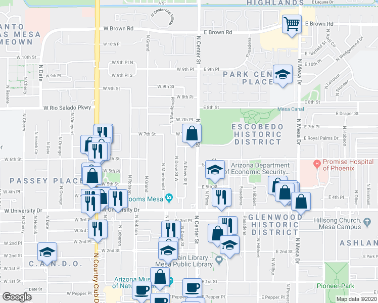 map of restaurants, bars, coffee shops, grocery stores, and more near 566 North Drew Street East in Mesa