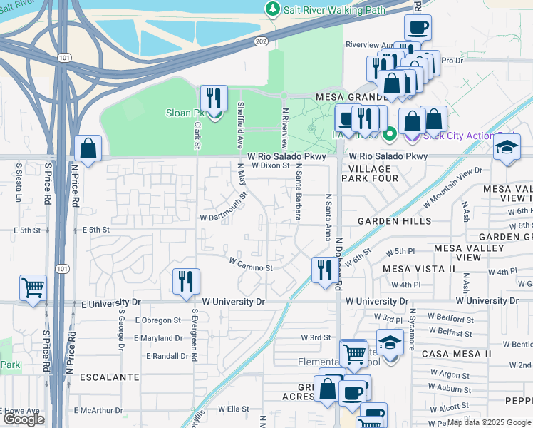 map of restaurants, bars, coffee shops, grocery stores, and more near 592 North May in Mesa