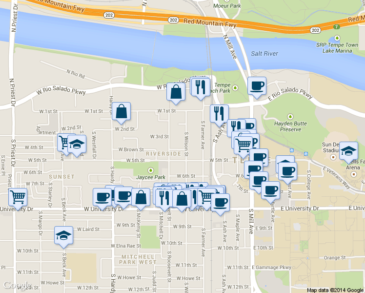 map of restaurants, bars, coffee shops, grocery stores, and more near 515 West Brown Street in Tempe