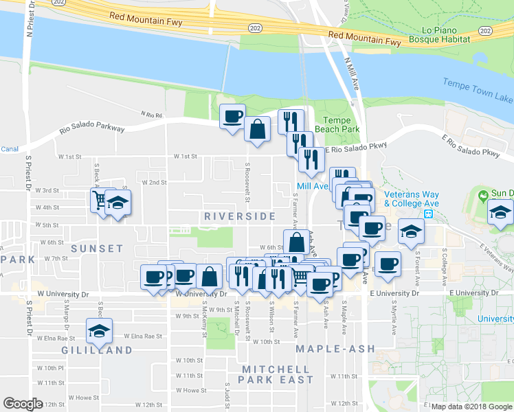 map of restaurants, bars, coffee shops, grocery stores, and more near 515 West Brown Street in Tempe