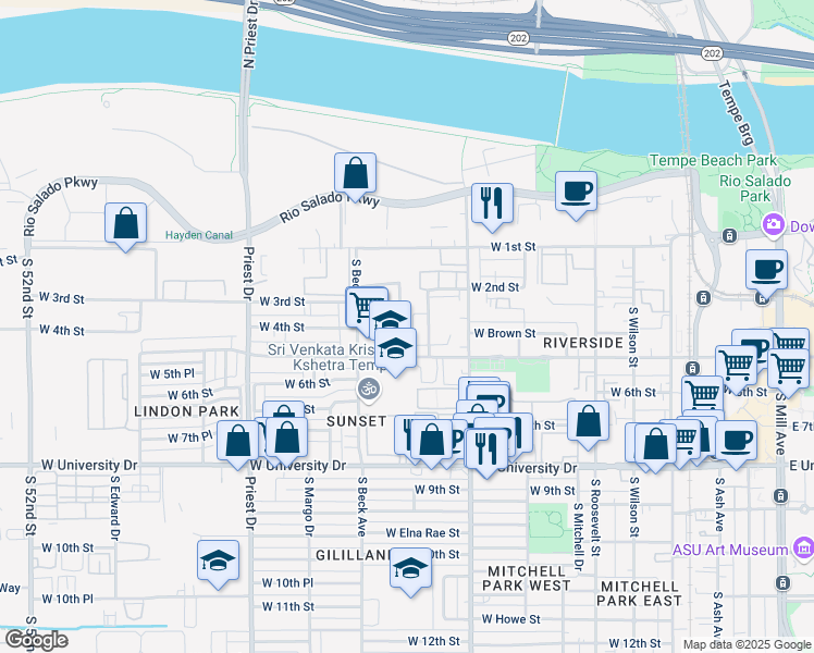 map of restaurants, bars, coffee shops, grocery stores, and more near 410 South Westfall Avenue in Tempe