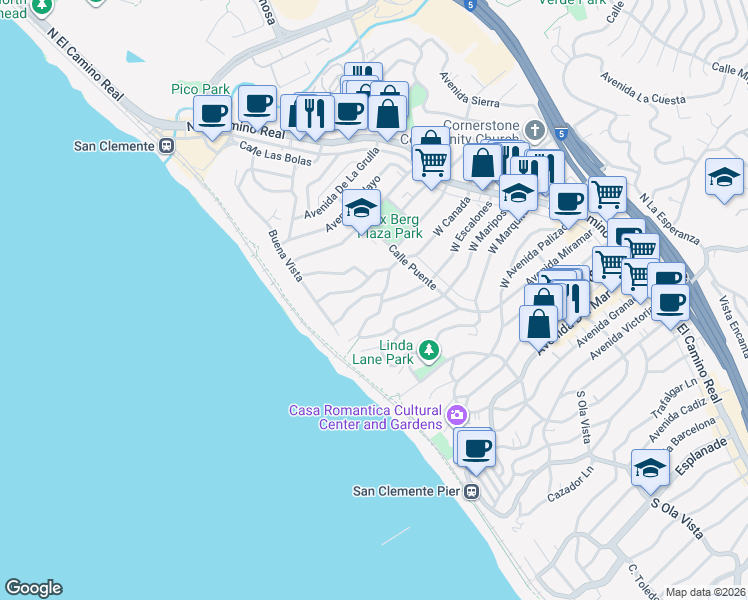 map of restaurants, bars, coffee shops, grocery stores, and more near 236 West Escalones in San Clemente