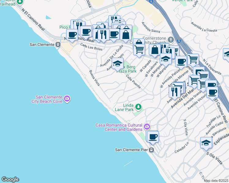 map of restaurants, bars, coffee shops, grocery stores, and more near 250 West Canada in San Clemente