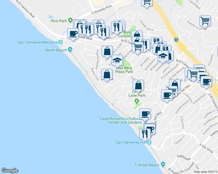 map of restaurants, bars, coffee shops, grocery stores, and more near 250 West Canada in San Clemente