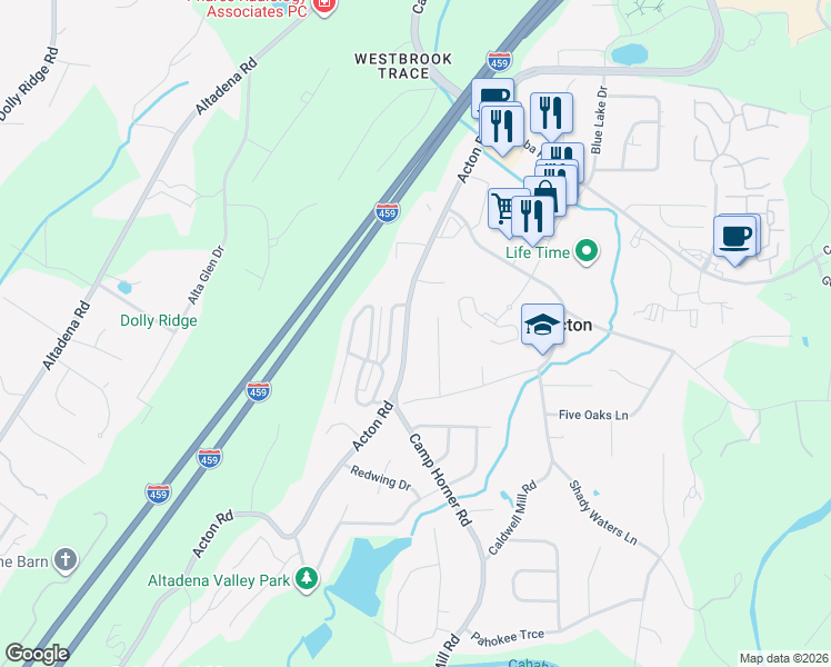 map of restaurants, bars, coffee shops, grocery stores, and more near 2617 Acton Drive in Birmingham