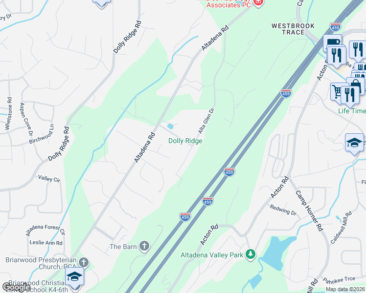 map of restaurants, bars, coffee shops, grocery stores, and more near 2640 Alta Glen Drive in Vestavia Hills