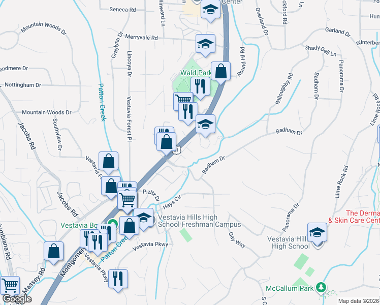 map of restaurants, bars, coffee shops, grocery stores, and more near 2080 Vestridge Circle in Vestavia Hills