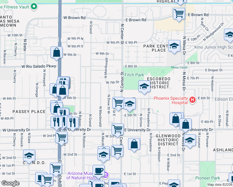 map of restaurants, bars, coffee shops, grocery stores, and more near 566 North Drew Street East in Mesa