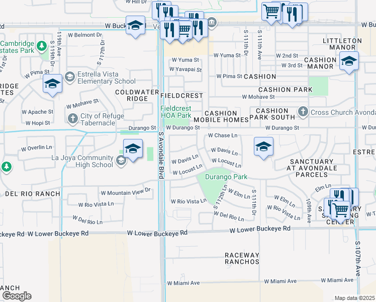 map of restaurants, bars, coffee shops, grocery stores, and more near 11359 West Davis Lane in Avondale