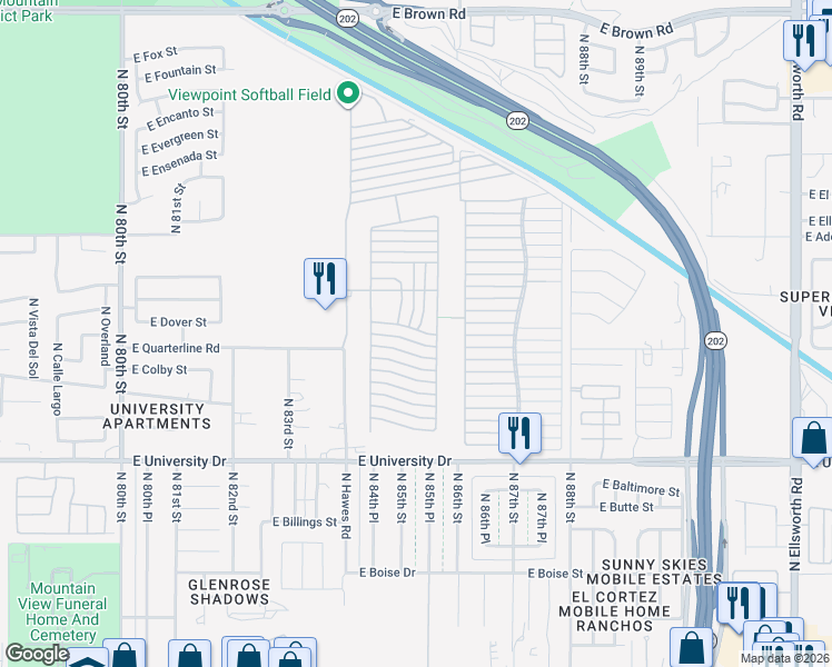 map of restaurants, bars, coffee shops, grocery stores, and more near 650 North Hawes Road in Mesa