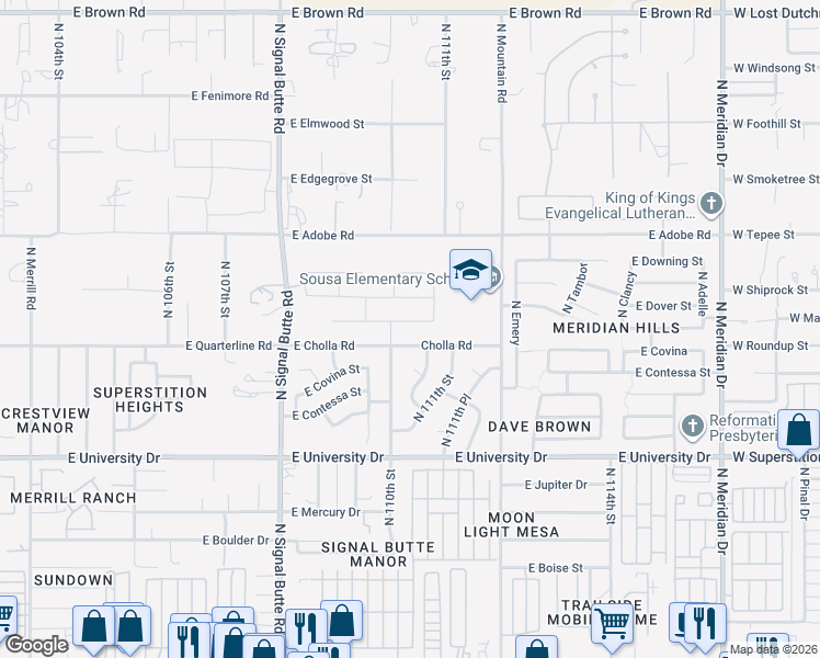 map of restaurants, bars, coffee shops, grocery stores, and more near 11034 East Cholla Road in Mesa