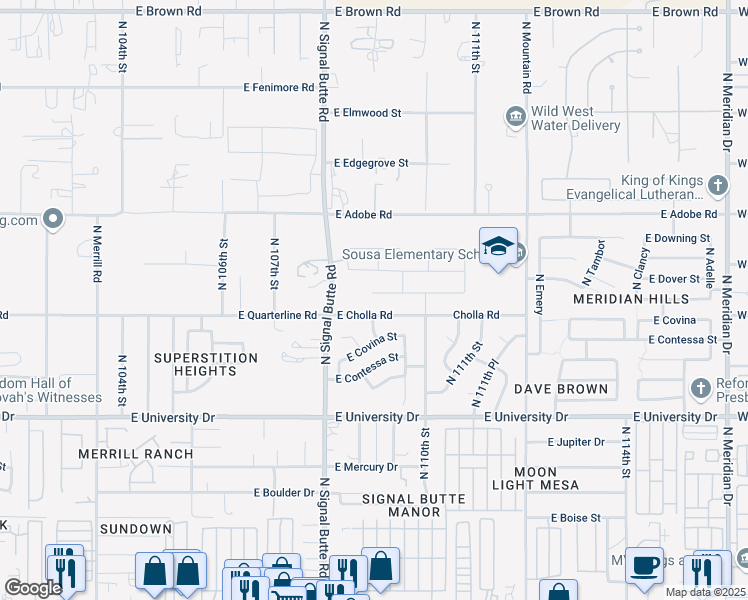 map of restaurants, bars, coffee shops, grocery stores, and more near 10908 East Cholla Road in Mesa