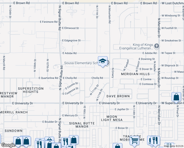 map of restaurants, bars, coffee shops, grocery stores, and more near 11034 East Cholla Road in Mesa
