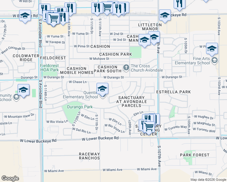 map of restaurants, bars, coffee shops, grocery stores, and more near 10930 West Davis Lane in Avondale