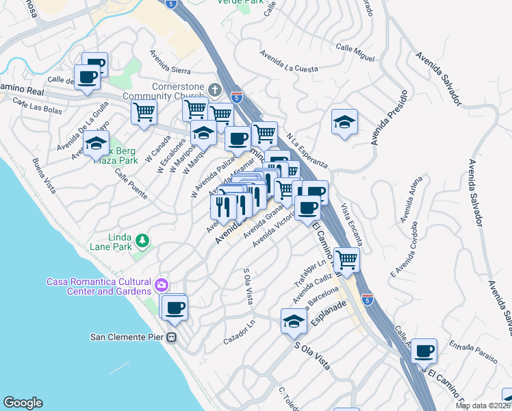 map of restaurants, bars, coffee shops, grocery stores, and more near 152 Avenida Del Mar in San Clemente