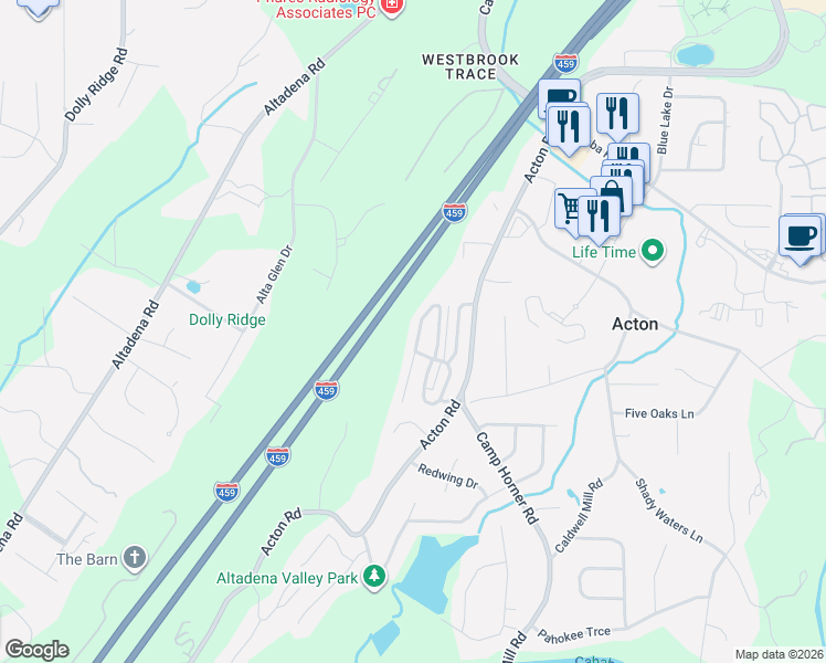 map of restaurants, bars, coffee shops, grocery stores, and more near 2386 Acton Park Circle in Birmingham