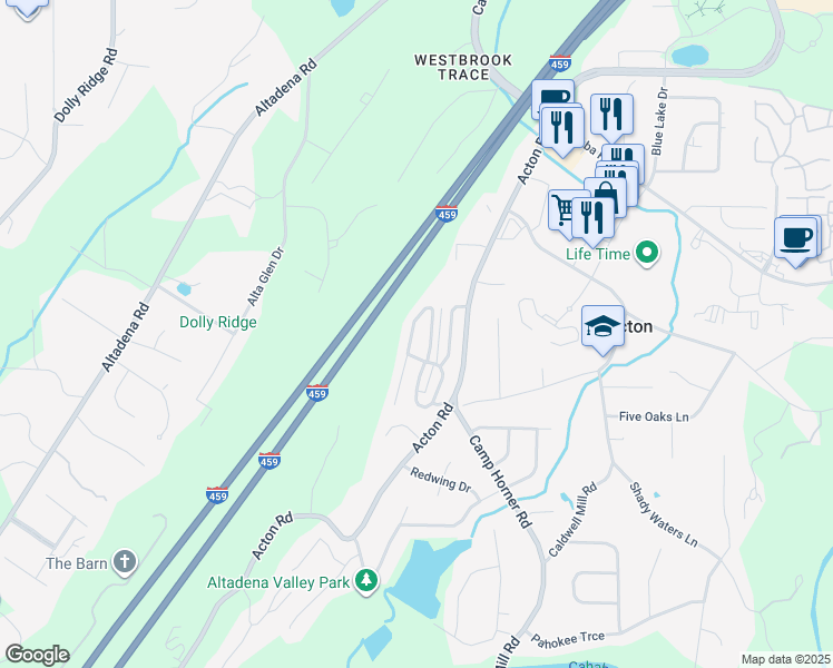 map of restaurants, bars, coffee shops, grocery stores, and more near 2358 Acton Park Circle in Birmingham