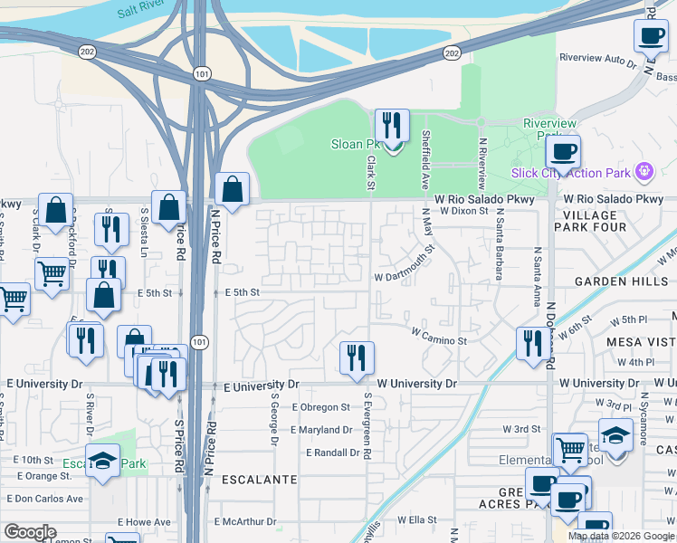 map of restaurants, bars, coffee shops, grocery stores, and more near 2402 East 5th Street in Tempe