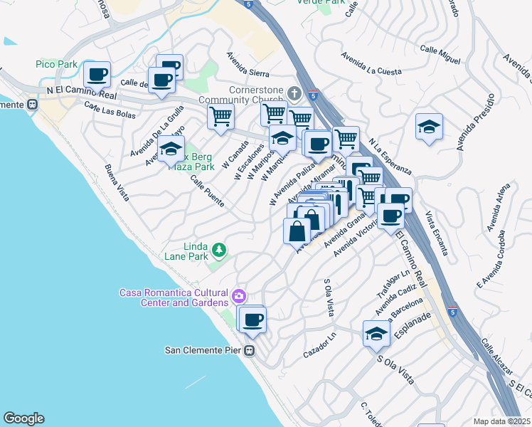map of restaurants, bars, coffee shops, grocery stores, and more near 234 West Avenida Palizada in San Clemente