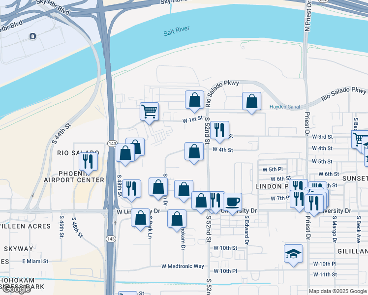 map of restaurants, bars, coffee shops, grocery stores, and more near 2032 West 4th Street in Tempe
