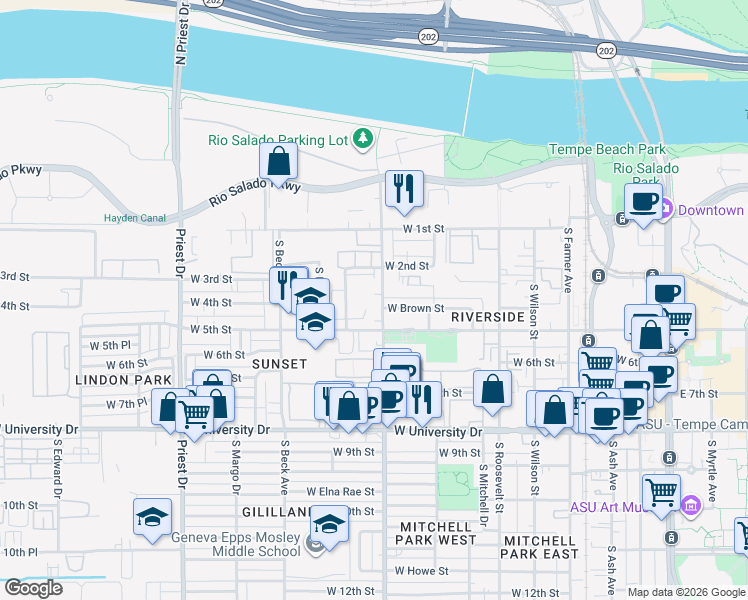 map of restaurants, bars, coffee shops, grocery stores, and more near 1000 West 5th Street in Tempe