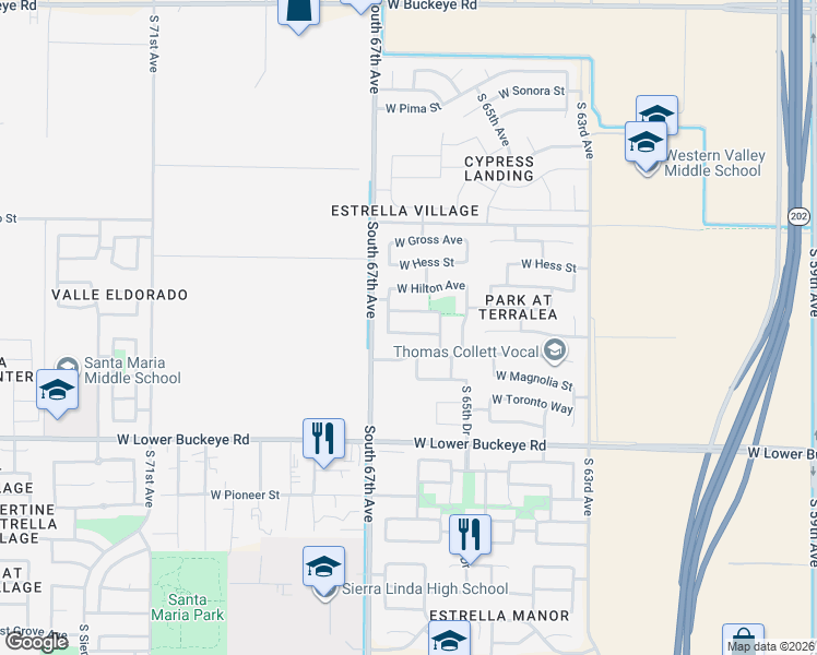 map of restaurants, bars, coffee shops, grocery stores, and more near 6633 West Watkins Street in Phoenix