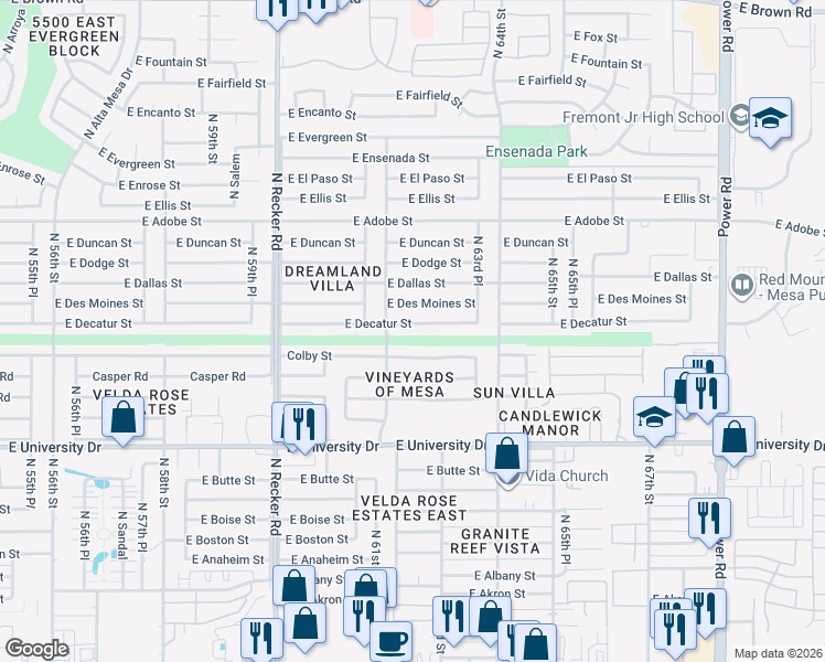 map of restaurants, bars, coffee shops, grocery stores, and more near 6242 Colby Street in Mesa