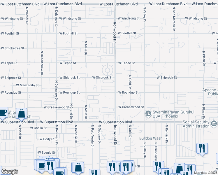 map of restaurants, bars, coffee shops, grocery stores, and more near 1280 North Ironwood Drive in Apache Junction