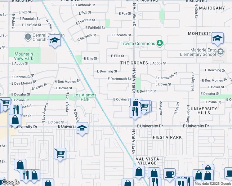 map of restaurants, bars, coffee shops, grocery stores, and more near 3453 East Decatur Street in Mesa