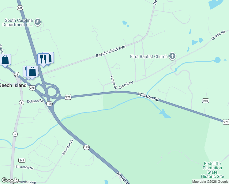 map of restaurants, bars, coffee shops, grocery stores, and more near 93 Williston Road in Beech Island