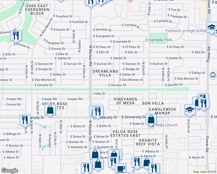 map of restaurants, bars, coffee shops, grocery stores, and more near 6122 Colby Street in Mesa