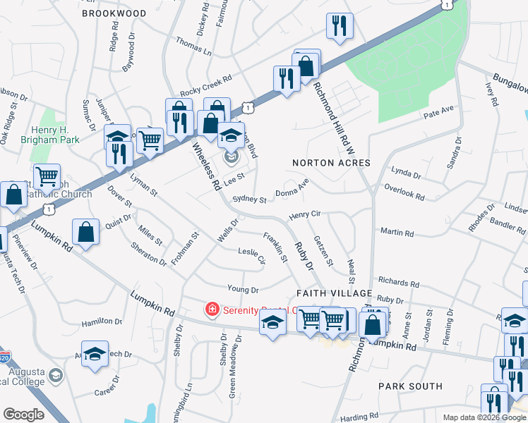 map of restaurants, bars, coffee shops, grocery stores, and more near 2408 Ruby Drive in Augusta