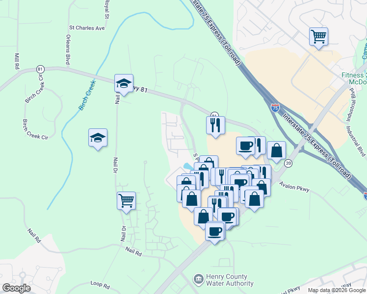 map of restaurants, bars, coffee shops, grocery stores, and more near 325 South Point Boulevard in McDonough