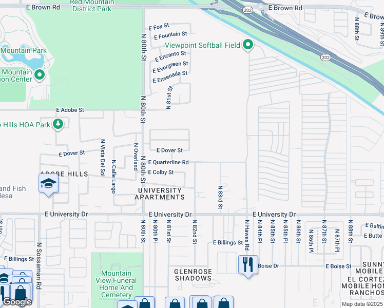 map of restaurants, bars, coffee shops, grocery stores, and more near 8205 East Quarterline Road in Mesa