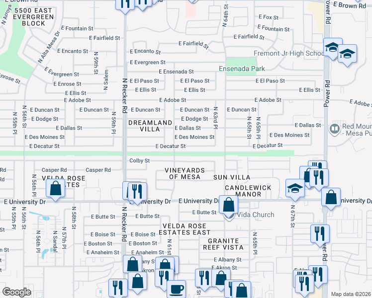 map of restaurants, bars, coffee shops, grocery stores, and more near 6242 Colby Street in Mesa