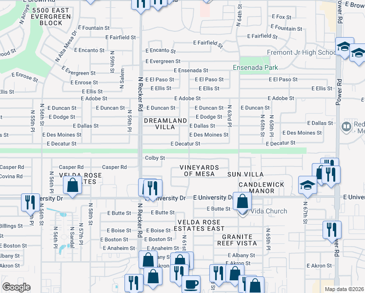 map of restaurants, bars, coffee shops, grocery stores, and more near 6160 Colby Street in Mesa